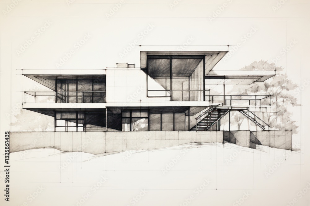 Poster an architecture blueprint of the modern building drawing diagram sketch.