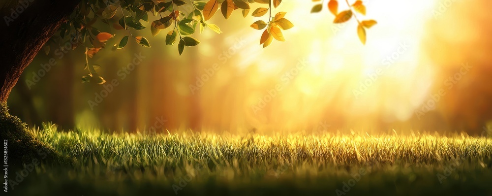 Poster a serene landscape featuring sunlit grass under a tree, creating a warm and inviting atmosphere.