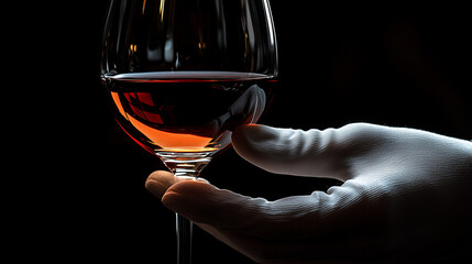 A gloved hand delicately holds a glass of exquisite red wine, showcasing its rich color and...