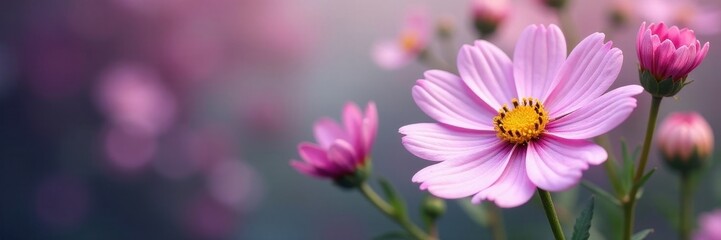 Intricate purple and white cosmos arrangement, blurred floral backdrop, soft, flower