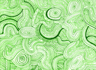 Fototapeta premium Background filled with patterns. Thin green lines, dots, waves on a white background. Doodle. Chaotic ornament. Texture. Different shades of green color.