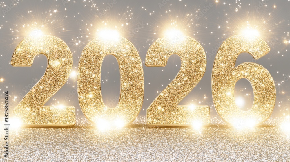 Poster bright golden numbers representing 2026 shine against a colorful backdrop filled with sparkling ligh