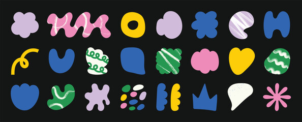 Set of abstract organic shapes vector. Collection of contemporary figure, cloud, flower, sparkle, geometric shape in funky groovy. Cute hippie design element perfect for banner, print, stickers. 