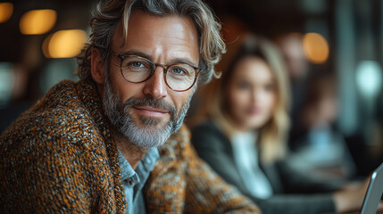 Fototapeta premium Portrait of a Confident Man with Gray Hair and Glasses. A Close-up Shot of a Professional Male. Business, Casual Style