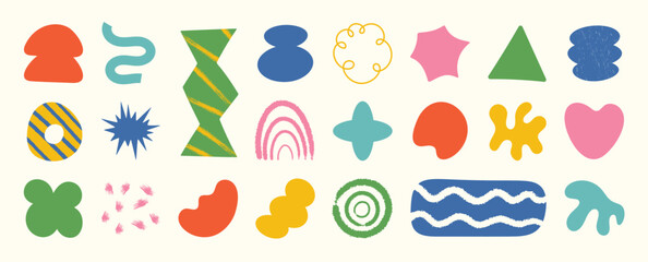 Set of abstract organic shapes vector. Collection of contemporary figure, cloud, flower, sparkle, geometric shape in funky groovy. Cute hippie design element perfect for banner, print, stickers. 