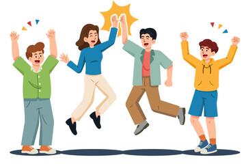 Obraz premium A group of male and female friends jumped to High five touch each other hand and raised their hands