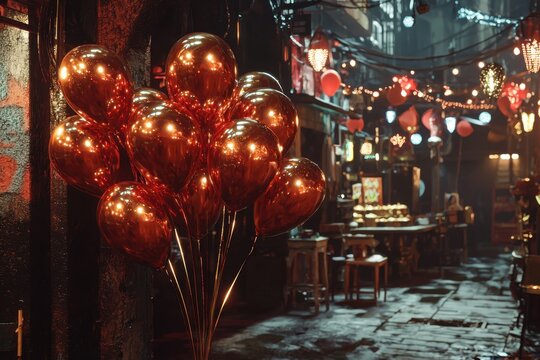 Decorative, copper-colored balloons in a dark alleyway, illuminated by lanterns and festive lights. - Powered by Adobe