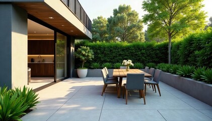 Modern concrete paver patio with sleek dining furniture, outdoor, clean, shadow