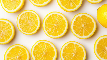 Fresh lemon slices arranged beautifully on a white background.