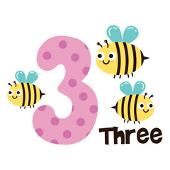 Vector image of the numbers three and three cute bees. Math for kids
