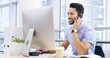 Computer, call center and happy man in office for telemarketing, insurance advice or contact us....