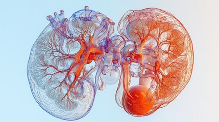 Detailed 3D Rendering of Human Kidneys with Red Arteries and Blue Veins on Light Background