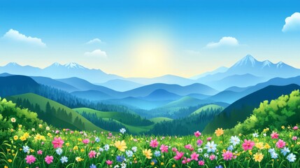 Fototapeta premium Colorful Wildflower Meadow And Majestic Mountain Range Under Sunny Sky
