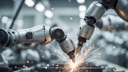 Robotic Arms Welding in Automotive Manufacturing Assembly Line
