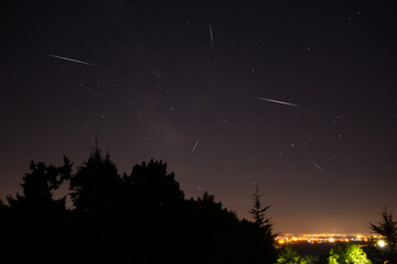 Milky Way stars with meteor shower trails and countryside silhou