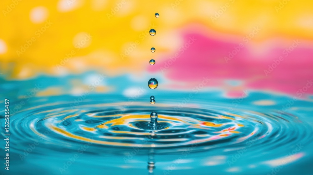 Poster water droplets fall into a vibrant pool, creating mesmerizing ripples against a backdrop of bright c