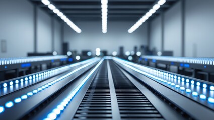 Industrial Automation Scene with Conveyor Belt and LED Lights in Modern Warehouse Environment