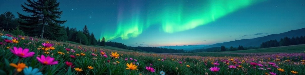 Fototapeta premium Serene meadow, vibrant flowers, aurora borealis, starry night , dreamy, colorful