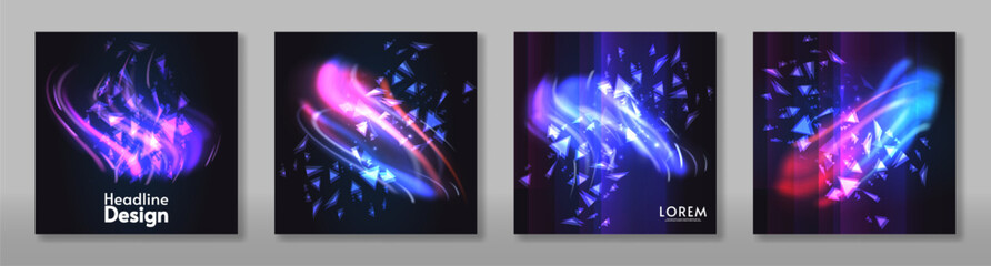 Set of glow lights elements design on dark background. Bright light. Northern lights. Vector illustration. Design for card, banner. 