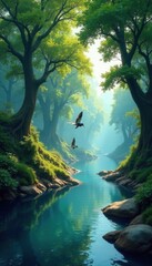 Fototapeta premium Serene river flows past ancient trees, birds in flight , leaves, view