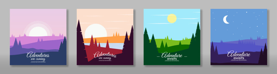 Set of abstract vector landscape. Flat style design. Morning, noon, evening and night. Mountains with hills and forest. Touristic card design.