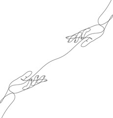 Continuous one line drawing of two hands reaching for each other. Concept of love, hope, helping or support. Single line draw design, vector illustration.