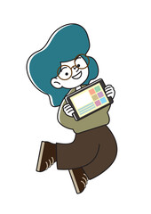 タブレット（カラフルな画面）を持って笑顔を浮かべている子供のベクターイラスト