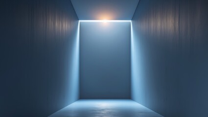 A dark blue hallway with a light shining on it