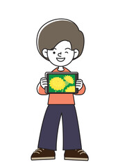 タブレット（タンポポの接写）を持って笑顔を浮かべている子供のベクターイラスト