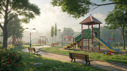vibrant 3D rendered playground in lush green park with slides, swings, and benches