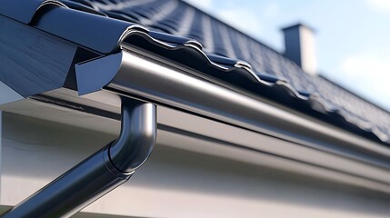 Modern house gutter system close-up.  Detailed view of a sleek, dark gray metal gutter system on a house, connected to downspouts, with a tiled roof