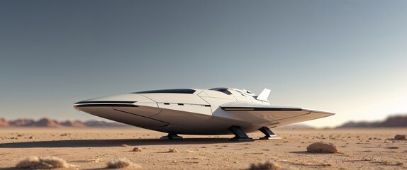 A white space ship is on the ground in a desert.