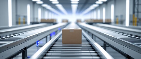 Fototapeta premium Lone package in automated warehouse with conveyor belts ready for shipping in modern logistics.