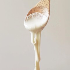 A wooden spoon dripping with creamy liquid against a soft, neutral background.