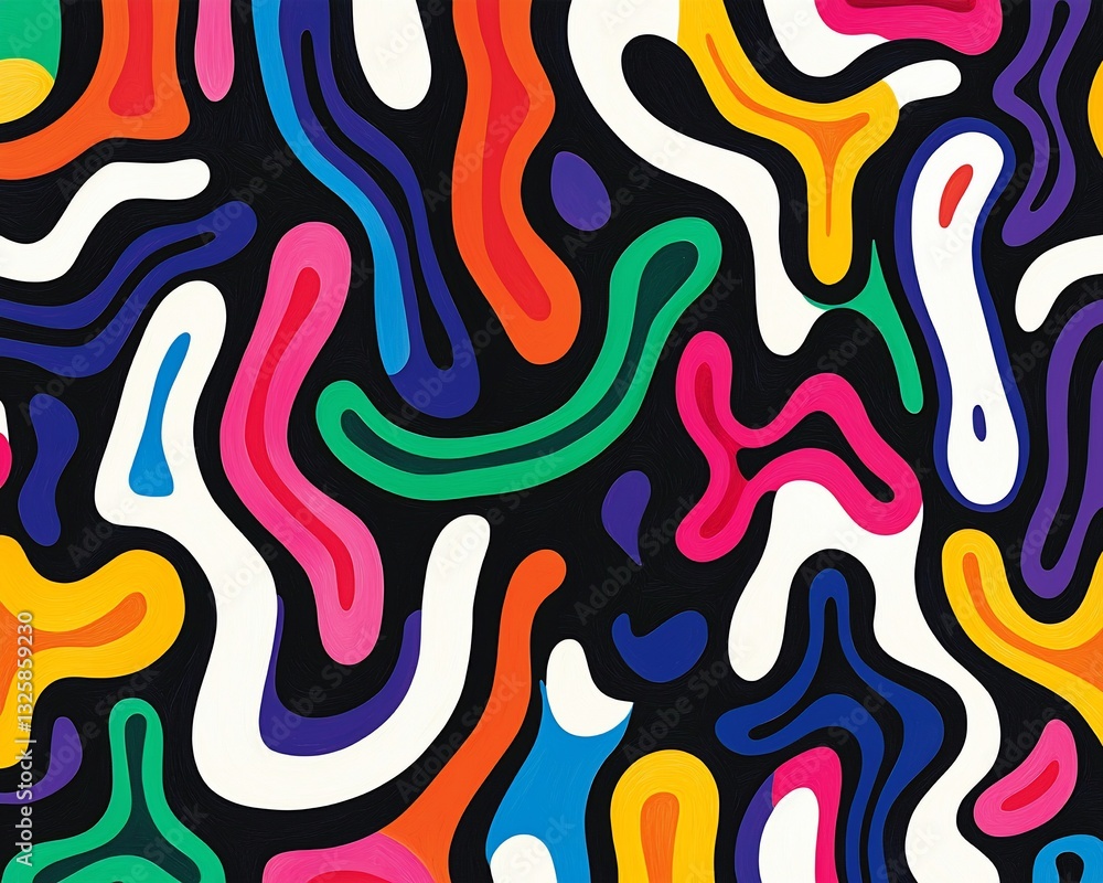 Poster abstract colorful seamless pattern with wavy lines and shapes on black background.