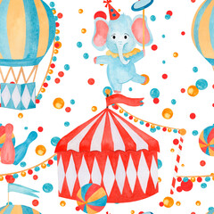 Seamless pattern watercolor hand drawn cartoon elephant juggler, tent, stars, balloon, kettlebell, circus podium on multicolor background. For childish fabric, wallpaper nursery, birthday cards, © Tatiana