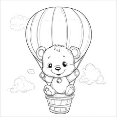 Fototapeta premium Drawing simple lines cute Cute watercolor cartoon bear flying on a hot air balloon coloring book pages. cartoons for preschool children