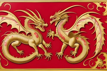 Obraz premium ancient art of a asian, chinese, japanese dragon. Red and gold colors. Royalty. Vintage, antique. traditional, culture, mythology, legend, symbol, power, strength, wisdom, heritage, history, ornate