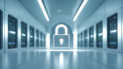 Digital security concept with a glowing lock symbol on a data server background