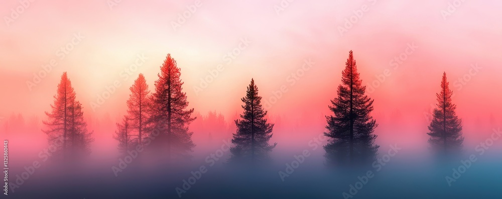 Poster a serene landscape featuring tall evergreen trees shrouded in colorful fog, creating a mystical atmo