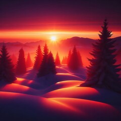 As the sun sets the snow reflects deep orange and purple tones f