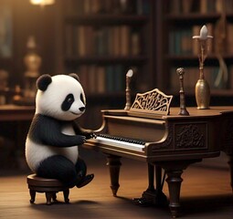 panda playing piano music, in classical style