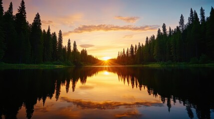 Fototapeta premium A serene sunset reflecting on a tranquil river, surrounded by tall pine trees, creating a picturesque natural landscape.