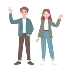 vector young man standing and jumping say hello