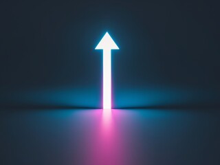 Glowing Upward Arrow on Dark Surface Symbolizing Growth and Success in Blue and Magenta