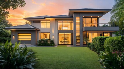 A Breathtaking Modern Home Bathed In The Warm Glow Of Sunset, Nestled Amongst Lush Greenery And Showcasing A Sophisticated Architectural Design With Expansive Windows And Sleek Lines
