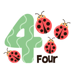 Vector image of the numbers four and four cute ladybugs. Math for kids

