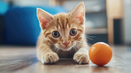 Playful ginger cat with orange ball indoor living room pet photography cozy environment close-up view fun concept