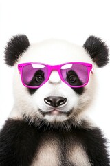 Obraz premium Panda wearing pink sunglasses posing for the camera in a playful and fun manner, perfect for cute animal photography and wildlife images.