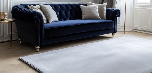 A Luxurious Navy Velvet Sofa Rests Elegantly On A Soft, Light Grey Rug In A Sophisticated Living Room, Exuding Calm And Refined Comfort